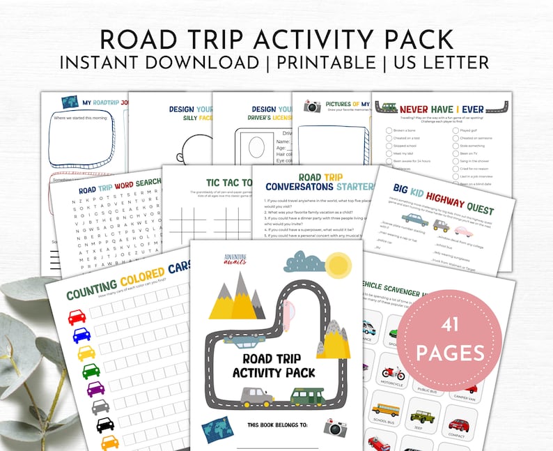 May include: A printable road trip activity pack with 41 pages of games and activities for kids. The pack includes a word search, tic-tac-toe, conversation starters, a highway quest, a vehicle scavenger hunt, and more. The cover features a colorful road with mountains and a car.