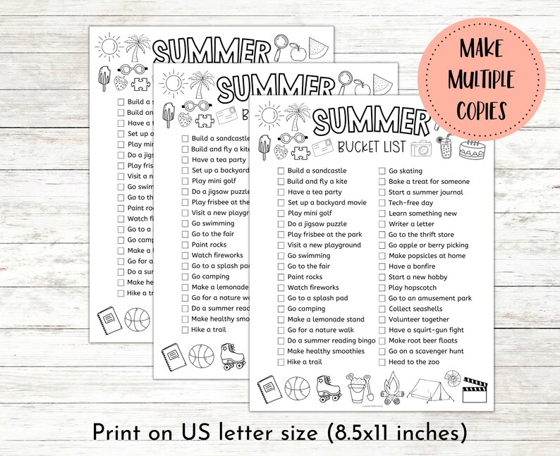 Op de afbeelding: Drie zwart-wit zomer bucketlist printables met diverse zomeractiviteiten. De tekst "SUMMER BUCKET LIST" staat bovenaan elke pagina. De tekst "MAKE MULTIPLE COPIES" staat in een roze cirkel. De tekst "Print on US letter size (8.5x11 inches)" staat onderaan.