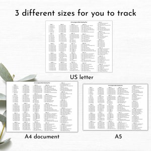 May include: Three different sizes of a printable chronological Bible reading plan. The plan is laid out in a grid format with the book and chapter of the Bible listed for each day. The sizes are US Letter, A4, and A5.