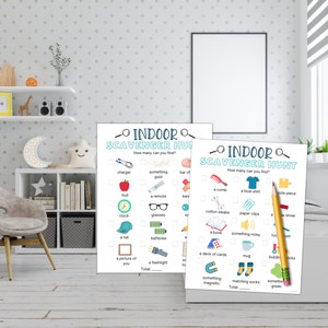 May include: Two printable indoor scavenger hunt game cards with a blue and white design. The cards list items to find in a home, such as a charger, a remote, a comb, a blue shirt, a book, a mug, and matching socks.