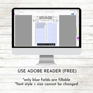 Op de afbeelding: Een computerscherm toont een digitale zomer-bucketlist. De lijst bevat activiteiten zoals het maken van een nieuw recept en het kijken naar een honkbalwedstrijd. De tekst onderaan luidt: "USE ADOBE READER (GRATIS)".