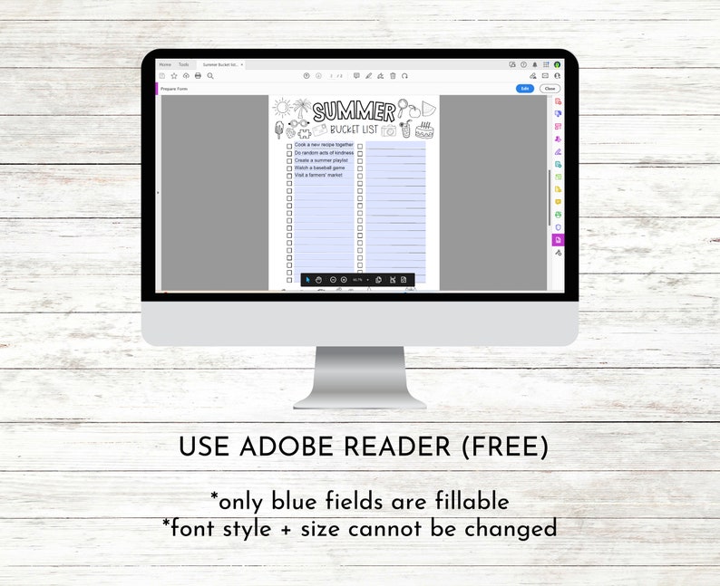 Op de afbeelding: Een computerscherm toont een digitale zomer-bucketlist. De lijst bevat activiteiten zoals het maken van een nieuw recept en het kijken naar een honkbalwedstrijd. De tekst onderaan luidt: "USE ADOBE READER (GRATIS)".