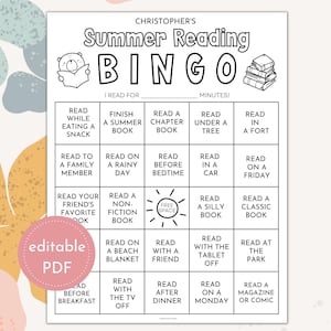 May include: Black and white printable summer reading bingo game. The bingo card includes squares with reading prompts like "Read Under a Tree" and "Read a Classic Book." The text "editable PDF" is in a pink circle.