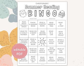 Könnte beinhalten: Schwarz-weiß druckbares Sommerlese-Bingo-Spiel. Die Bingo-Karte enthält Felder mit Leseaufforderungen wie „Unter einem Baum lesen“ und „Ein klassisches Buch lesen“. Der Text „editierbares PDF“ befindet sich in einem rosa Kreis.