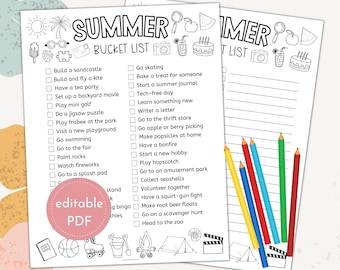May include: Two printable summer bucket list sheets with black text and illustrations. The lists include activities like building sandcastles, playing mini golf, and going to the zoo. A bundle of colored pencils rests on the right sheet. The words "editable PDF" are on a pink circle.