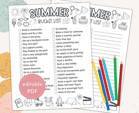Summer Bucket List Printable | Summer Bucket List for Kids | Summer Bucket Checklist | Summer Activity To Do List for Kids | Editable PDF