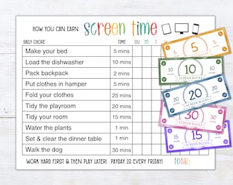 Editable Screen Time Checklist | How To Earn Screen Time Chart | Daily Screen Time Checklist | Screen Time Tracker | Screen Time Chore Chart