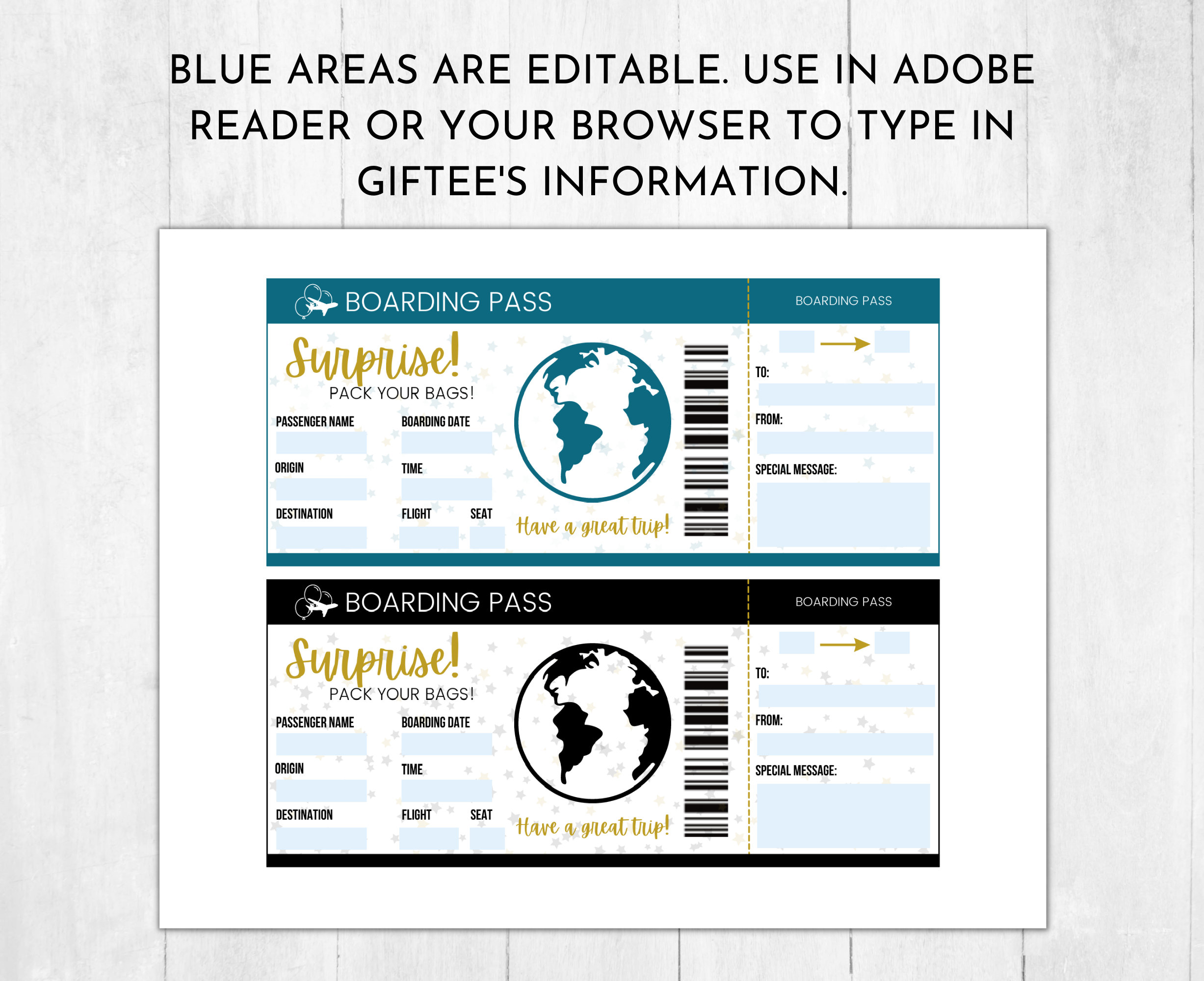 Printable Surprise Trip Ticket Airplane Ticket Editable - Etsy
