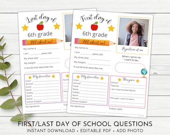 First Day of School Questionnaire | Back to School Questions | Editable First and Last Day of School Interview | All About Me Questionnaire