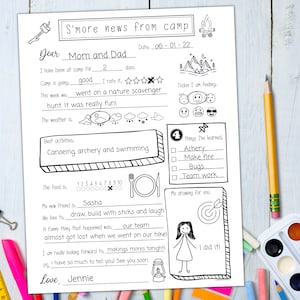 Plantilla de carta de campamento de verano, complete la carta de campamento en blanco, carta de campamento de verano a los padres, carta para niños del campamento de verano, nota de campamento imprimible