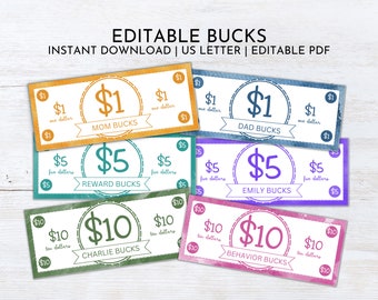 EDITIERBARE Mom Bucks Printable | Belohnung Bucks | Gutes Benehmen Bucks | Hausarbeit für Kinder | Druckdatei Mom Geld | Zulage Spielgeld