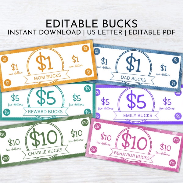 EDITABLE Mamá Bucks Imprimible / Recompensa Bucks / Buen Comportamiento Bucks / Chore Bucks para Niños / Imprimible Mamá Dinero / Asignación Dinero de Juego