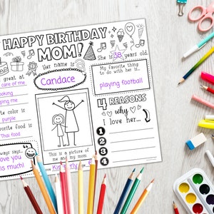 May include: A printable birthday card for a mom with a black and white illustration of a mom and child. The card includes space to write the mom's name, age, favorite color, favorite food, and four reasons why the person loves her. The card also includes the text "Happy Birthday Mom!" and "She is 38 years old."