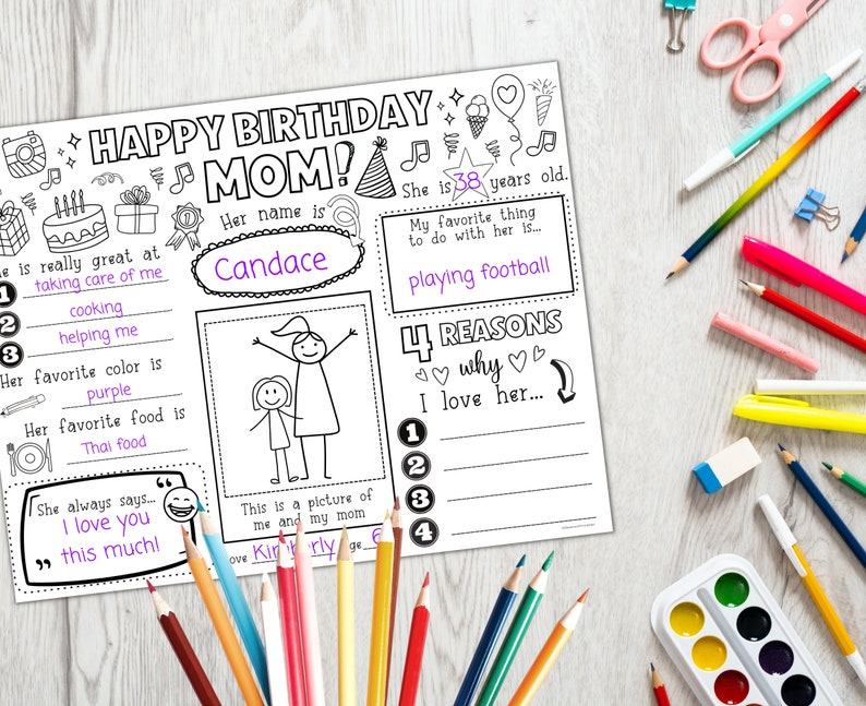 May include: A printable birthday card for a mom with a black and white illustration of a mom and child. The card includes space to write the mom's name, age, favorite color, favorite food, and four reasons why the person loves her. The card also includes the text "Happy Birthday Mom!" and "She is 38 years old."