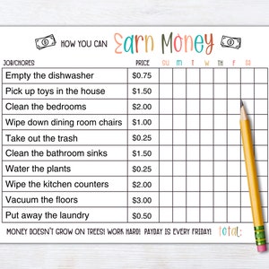 So verdienen Sie Geld Chore Chart | Zulässige Haushaltslage für Kinder | Haushaltstabelle für Kinder | Incentive-Chart | Möglichkeiten, Geld zu verdienen | Bearbeitbares PDF