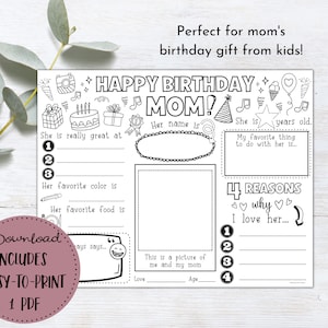 May include: Printable birthday card for a mom with a black and white design. The card has space to write about the mom's favorite things, a picture of the child and mom, and reasons why the child loves their mom.