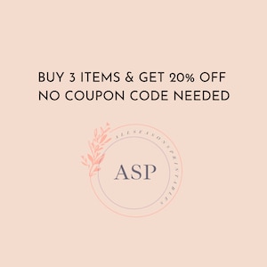 May include: A pink and white floral design surrounds a circle with the text "LISEAS ASP PRINTIBLES" and the text "BUY 3 ITEMS & GET 20% OFF NO COUPON CODE NEEDED".