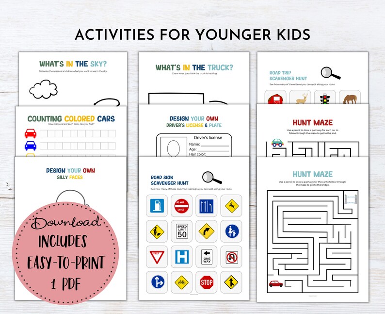 May include: Printable activity sheets for younger kids featuring road trip themed activities like counting colored cars, designing a driver's license, and a road sign scavenger hunt. The download includes one PDF with easy-to-print activities.