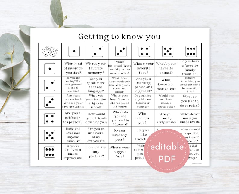 May include: A black and white printable "Getting to Know You" game with questions in a grid format. The game includes questions about music, favorite things, and personal preferences. The words "editable PDF" are in a pink circle.