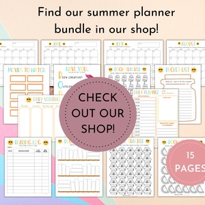 Op de afbeelding: Een set van 15 pagina's zomerplanner-afdrukken. De pagina's bevatten kalenders, filmtrackers, dagschema's, leeslogboeken en bucketlists. De tekst op de afbeelding luidt: "Vind onze zomerplanner-bundel in onze shop!"