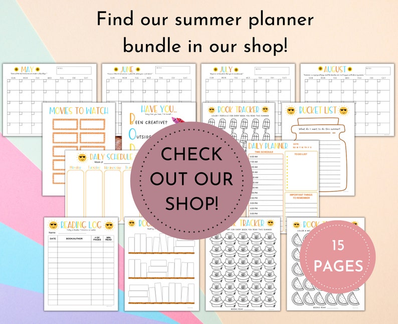 Op de afbeelding: Een set van 15 pagina's zomerplanner-afdrukken. De pagina's bevatten kalenders, filmtrackers, dagschema's, leeslogboeken en bucketlists. De tekst op de afbeelding luidt: "Vind onze zomerplanner-bundel in onze shop!"