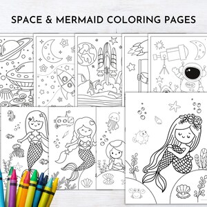 May include: A set of 8 black and white coloring pages featuring space and mermaid themes. The pages include images of a rocket ship, a spaceship, a mermaid, a seahorse, a starfish, and a telescope.