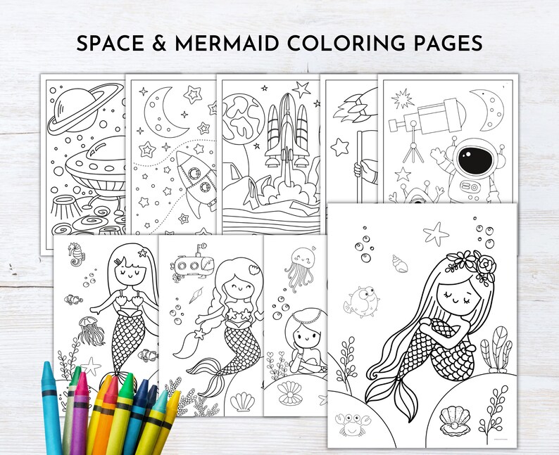 May include: A set of 8 black and white coloring pages featuring space and mermaid themes. The pages include images of a rocket ship, a spaceship, a mermaid, a seahorse, a starfish, and a telescope.