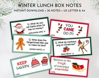 Christmas Lunch Box Notes for Kids | Winter Lunchbox notes | Christmas Joke Cards | Lunch Notes Printable | Positive Affirmations for Kids