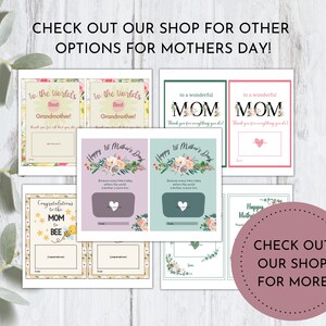 Puede incluir: Tarjetas imprimibles del D&iacute;a de la Madre con dise&ntilde;os florales y texto que dice "To the World's Best Grandmother!" y "Happy 1st Mother's Day".  Tambi&eacute;n hay una tarjeta que dice "Congratulations to the Mom to Bee!" con una ilustraci&oacute;n de abeja.  Las tarjetas son de color rosa, verde y amarillo.  El texto en la parte inferior de la imagen dice "Check out our shop for more!"