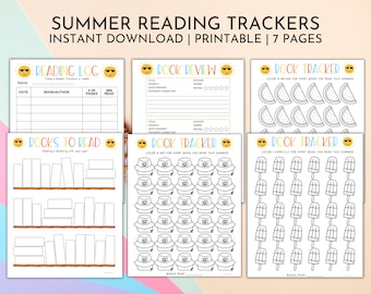 Könnte beinhalten: Druckbare Sommer-Lesetracker mit einem Leselogbuch, einer Buchrezension und drei Buchtrackern. Die Buchtracker zeigen Wassermelonen, Hüte und Eis am Stiel.