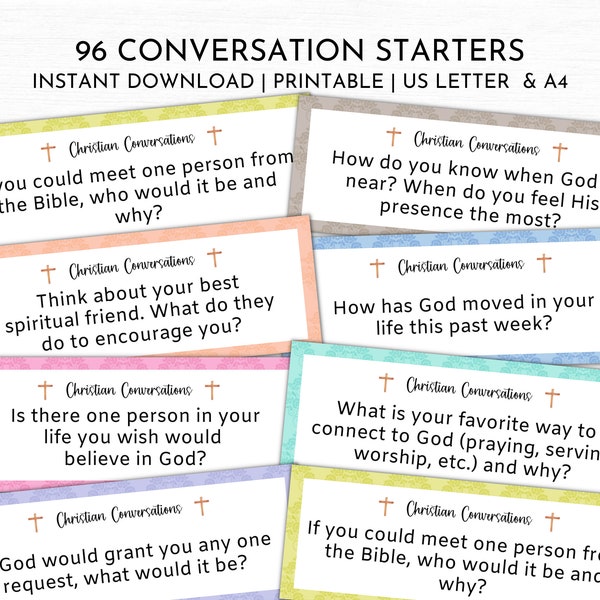 96 Christian Conversation Starters | Christian Conversation Cards | Bible Study Questions | Spiritual Questions for Small Groups | PDF