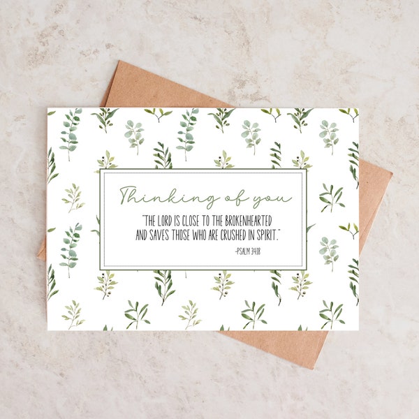 Printable Thinking of You Card | Christian Scripture Card Psalm 34:18 | Lost of a loved one card | Christian Sympathy Cards