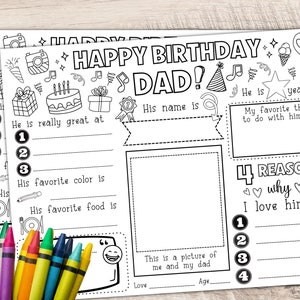 Happy Birthday Dad Coloring Page | Happy Birthday Dad Placemat Activity Sheet | All About Dad Fill-in-blanks | Happy Birthday Dad Card