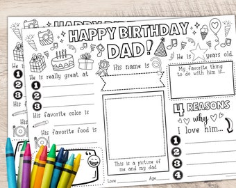 Happy Birthday Dad Coloring Page | Happy Birthday Dad Placemat Activity Sheet | All About Dad Fill-in-blanks | Happy Birthday Dad Card