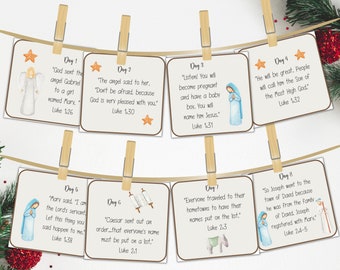 Kids Nativity Advent Calendar Printable | Advent Calendar for kids | Christmas Advent Scripture Cards | Nativity Scene Bible Scriptures