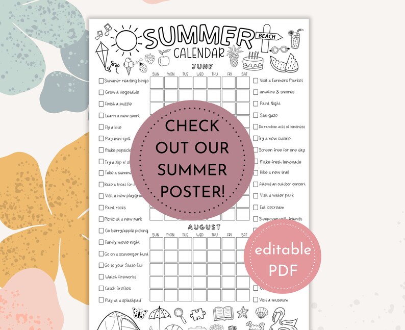 Op de afbeelding: Zwart-wit zomerkalender met activiteiten voor juni en augustus. De kalender bevat zomerse illustraties en de tekst "CHECK OUT OUR SUMMER POSTER!" en "editable PDF".