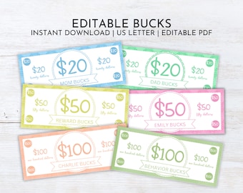 EDITABLE Mom Bucks Printable | Reward Bucks | Good Behavior Bucks | Chore Bucks for Kids | Printable Mom Money | Allowance Play Money