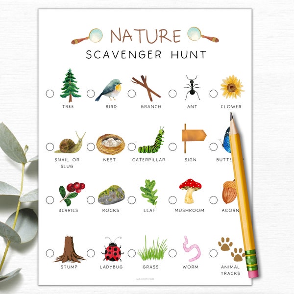 Nature Scavenger Hunt Printable | Kids Scavenger Hunt | Kids Outdoor Summer Activity | Nature Treasure Hunt | Trail Hiking Walk Activity