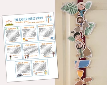 Può includere: Un'attività di storia biblica di Pasqua stampabile per bambini. Le illustrazioni colorate raffigurano scene della storia di Pasqua, tra cui la Domenica delle Palme, l'Ultima Cena, Gesù che lava i piedi ai suoi discepoli, Gesù arrestato, Gesù crocifisso, Gesù sepolto e Gesù risorto. La stampabile include riferimenti biblici per ogni scena.