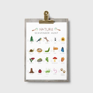 May include: A printable nature scavenger hunt checklist with illustrations of common outdoor items like a tree, bird, branch, ant, flower, snail, nest, caterpillar, sign, butterfly, berries, rocks, leaf, mushroom, acorn, stump, ladybug, grass, worm, and animal tracks.