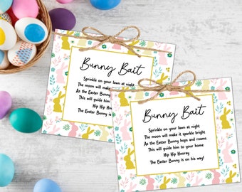 May include: Two "Bunny Bait" cards with a floral and bunny design, tied with twine. The cards have a white background with a poem about the Easter Bunny. The design includes yellow, pink, and green elements, with a gold border.
