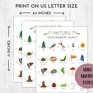 May include: Printable nature scavenger hunt checklist with illustrations of a tree, bird, branch, ant, flower, snail, nest, caterpillar, sign, butterfly, berries, rocks, leaf, mushroom, ladybug, grass, worm, and animal tracks. The checklist is designed to be printed on US letter size paper, which is 8.5 inches by 11 inches.