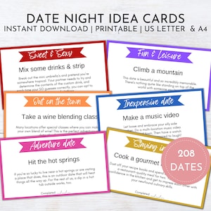 Date Night Cards | Date Night Ideas for Couples | Anniversary Gift | Bridal Shower Gift | Valentines Day Coupons | 208 Printable Date Cards