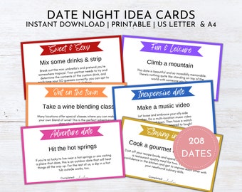 Date Night Cards | Date Night Ideas for Couples | Anniversary Gift | Bridal Shower Gift | Valentines Day Coupons | 208 Printable Date Cards
