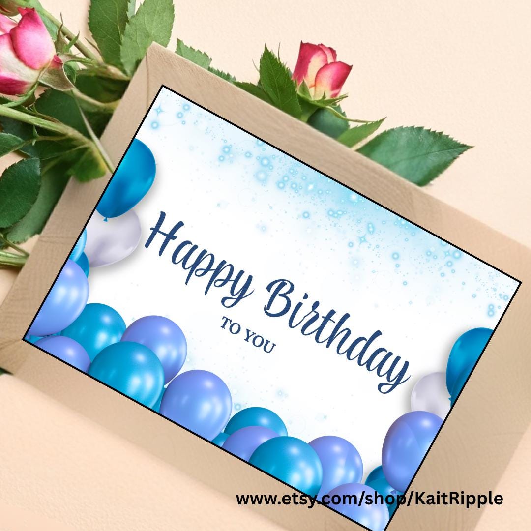 Blue Happy Birthday Card Printable - Balloon Birthday Greeting Card for ...