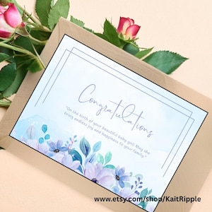 Tarjeta de felicitación para bebé niña imprimible - Tarjeta digital para padres - Tarjeta de cumpleaños floral (no editable) - Descarga instantánea