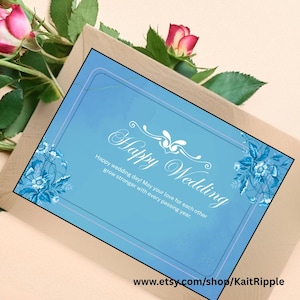 Handgemaakte blauwe bloemen gelukkige trouwkaart, aanpasbare wenskaart trouwdag, elegante kaart voor huwelijksviering