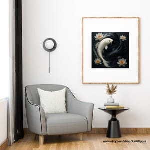 Yin Yang Koi Fish Wall Art Printable - Black and White Japanese Carp with Lotus Flowers - Zen Meditation Decor Wall Art for Aqua lovers