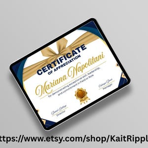 Editable Certificate of Appreciation Template - Blue Gold Modern Award Certificate -Printable Certificate for Employee, Student, Teacher