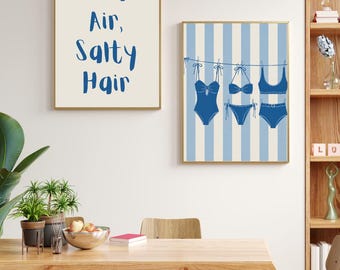 Beach House Decor | Blue Swimsuit Print & Ocean Air Salty Hair | Printable Digital Download